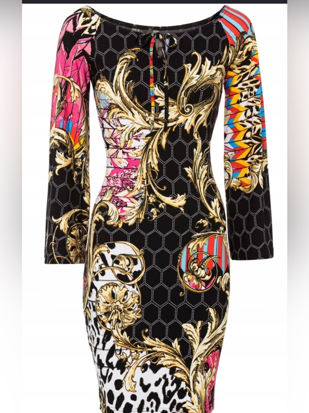 VENUS Black Multi-Print Baroque Bodycon Dress with Gold Accents